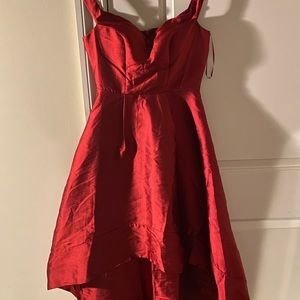 High-Low Red formal gown with sweetheart neckline